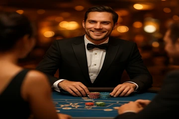 সোনালি কয়েন ও রুলেটসহ গতিময় ক্যাসিনো দৃশ্য