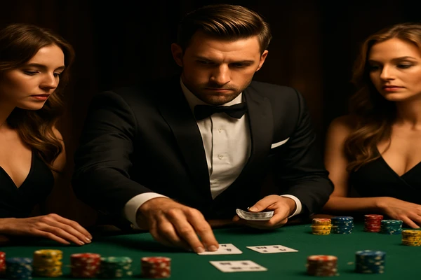 একজন নারী তাঁর ল্যাপটপে অনলাইন গেম উপভোগ করছেন, চারপাশে আলোকিত ক্যাসিনো পরিবেশ ছড়িয়ে রয়েছে