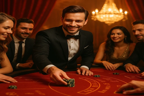 চমৎকার আলোকিত গেমিং পরিবেশে একটি আত্মবিশ্বাসী ডিলার bd333 অ্যাকাউন্টে নিরাপদ প্রবেশের আহ্বান জানাচ্ছেন।